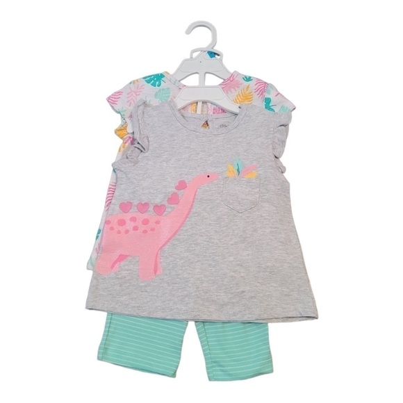 Little Me 3 Piece Set Dino Print Shirt, Teal Pants, and T-Shirt Size 12 months - Picture 1 of 2